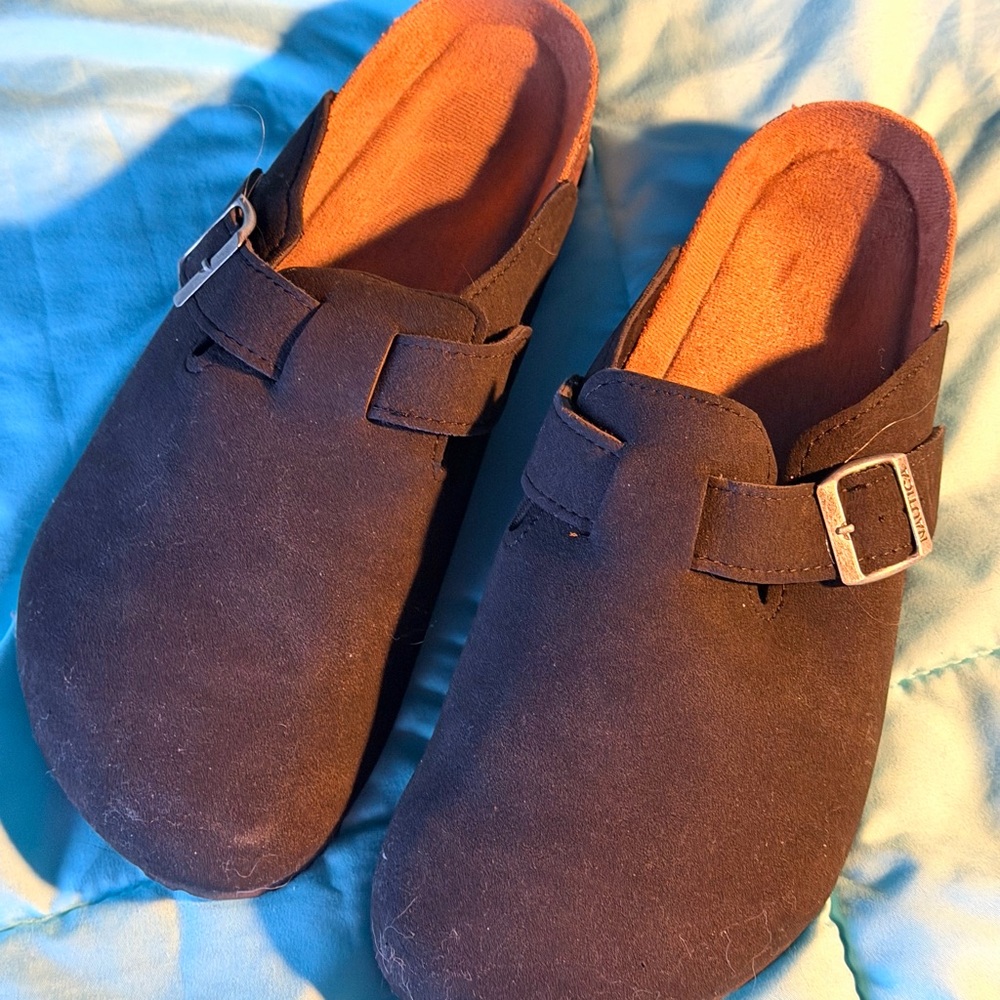 Nautica Black Suede Clogs with Metallic Buckle
